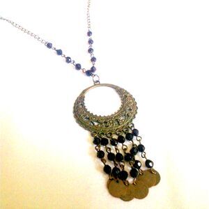 Vintage Ethnic Inspired Black Beaded Pendant Necklace